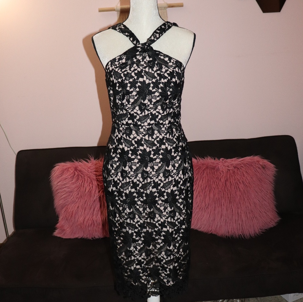 Club Monaco Black Floral Lace Midi Pencil Dress